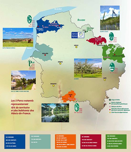 Carte des cinq parcs naturels régionaux en Hauts-de-France